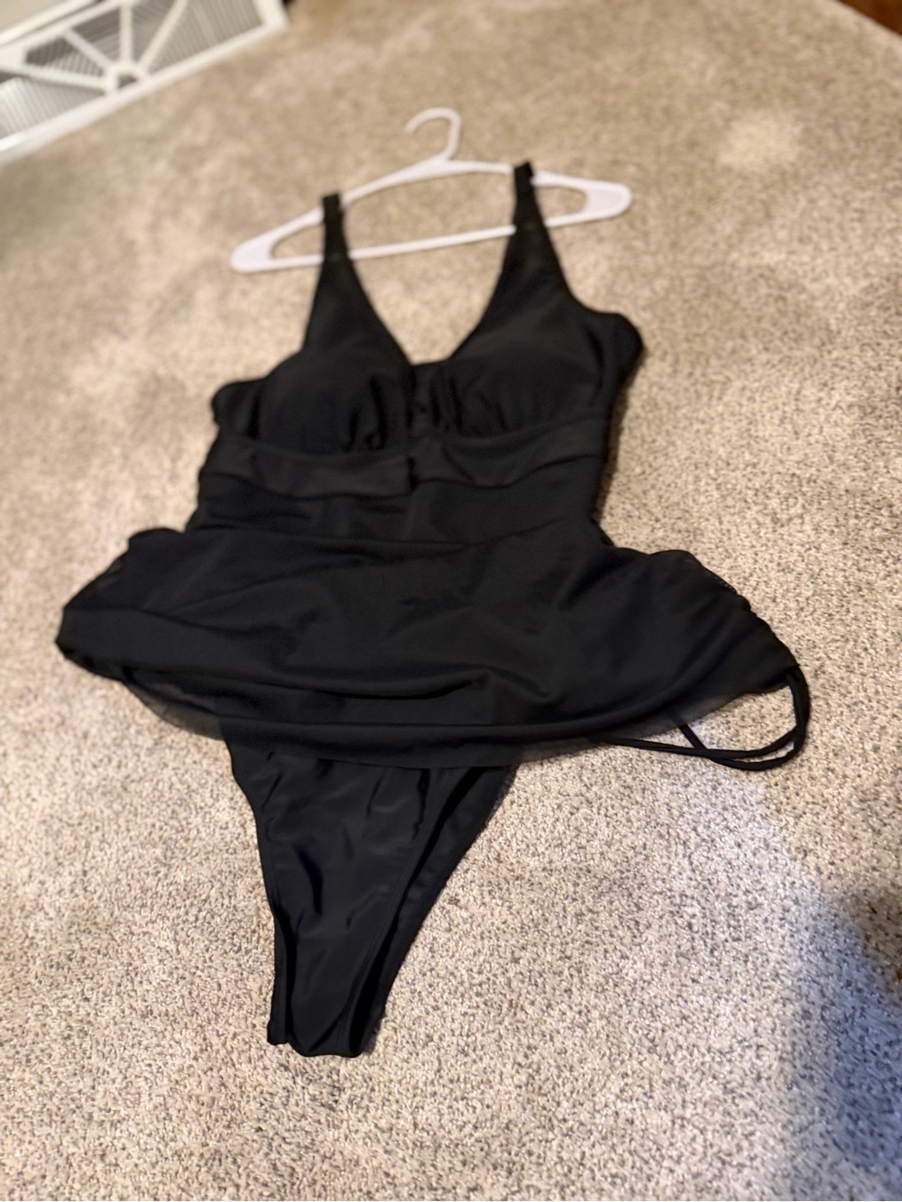 Black One-Piece Swimwear dress with Built-In Skirt